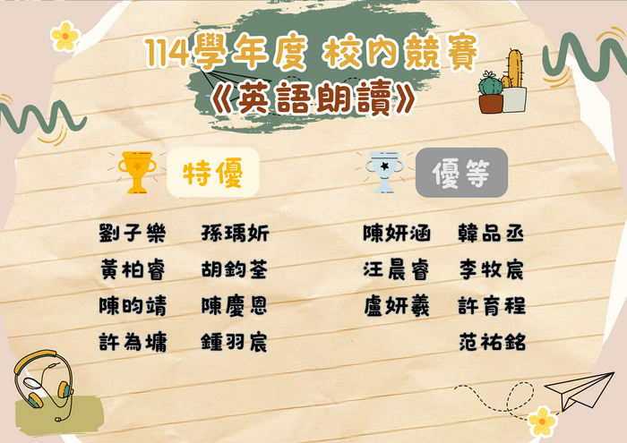 114學年度校內競賽-英語朗讀-特優+優等圖片
