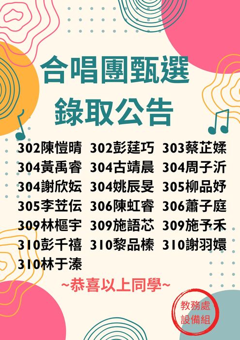 合唱團錄取公告